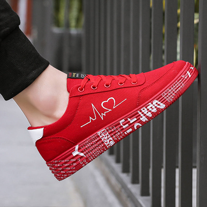 Love Print Canvas Shoes Women Men Flats Lace-up Casual Shoes Lover Sports Shoes Valentines Day - Belvar