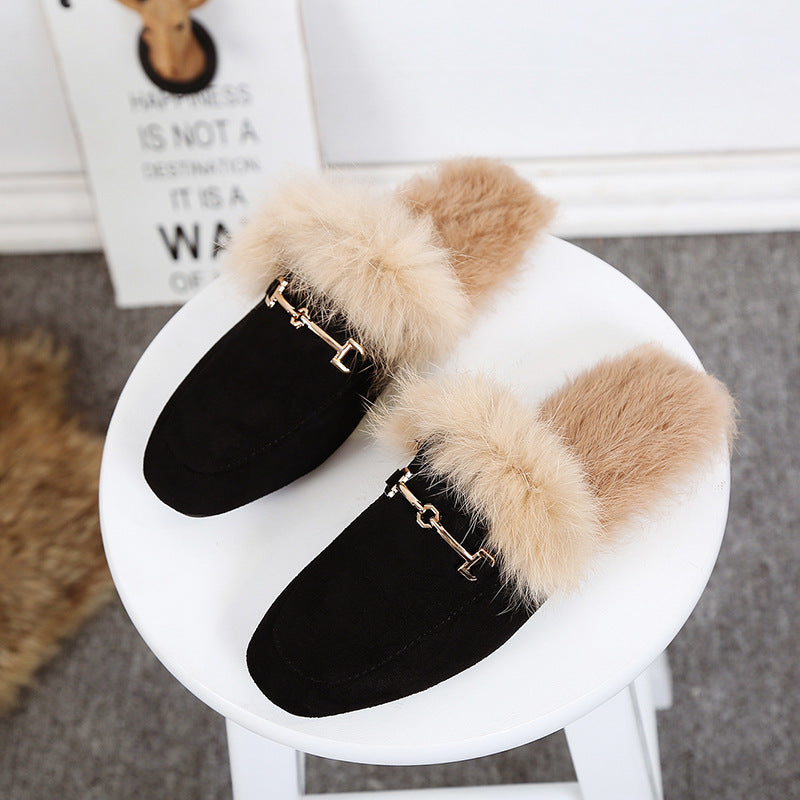 Rabbit Fur Suede Half Slippers Leather Fur Ball Flat Fur Shoes