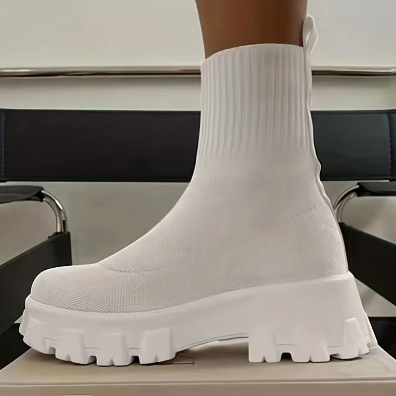 Women's Thick-soled Short Boots, Knitted Round Toe Shoes