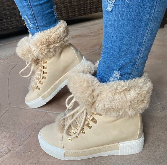 Lace-up Boots Cute Thick Sole Heighten Non Slip Snow Shoes Fall Winter Keep Warm Plush Lined Furry Ankle Boots Outdoor Walking Flat Shoes - Belvar