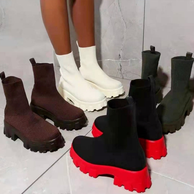 Women's Thick-soled Short Boots, Knitted Round Toe Shoes