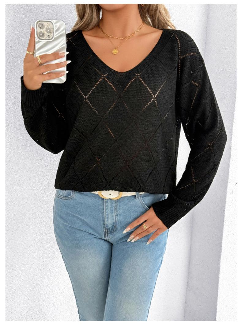 Solid Color And V-neck Sexy Cutout Plaid Long-sleeved Sweater Sweater