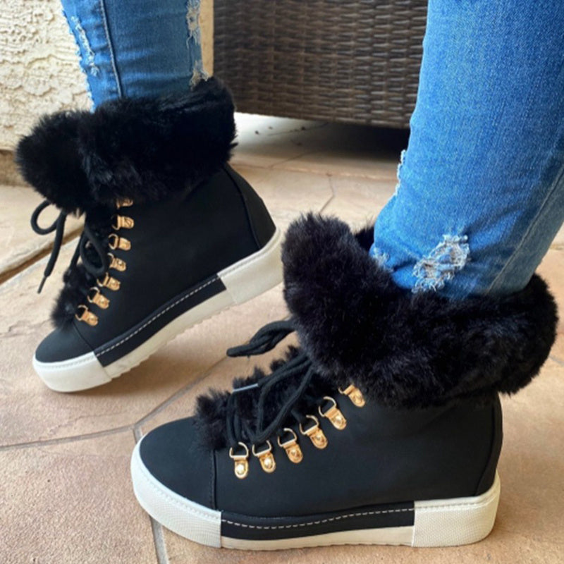 Lace-up Boots Cute Thick Sole Heighten Non Slip Snow Shoes Fall Winter Keep Warm Plush Lined Furry Ankle Boots Outdoor Walking Flat Shoes - Belvar