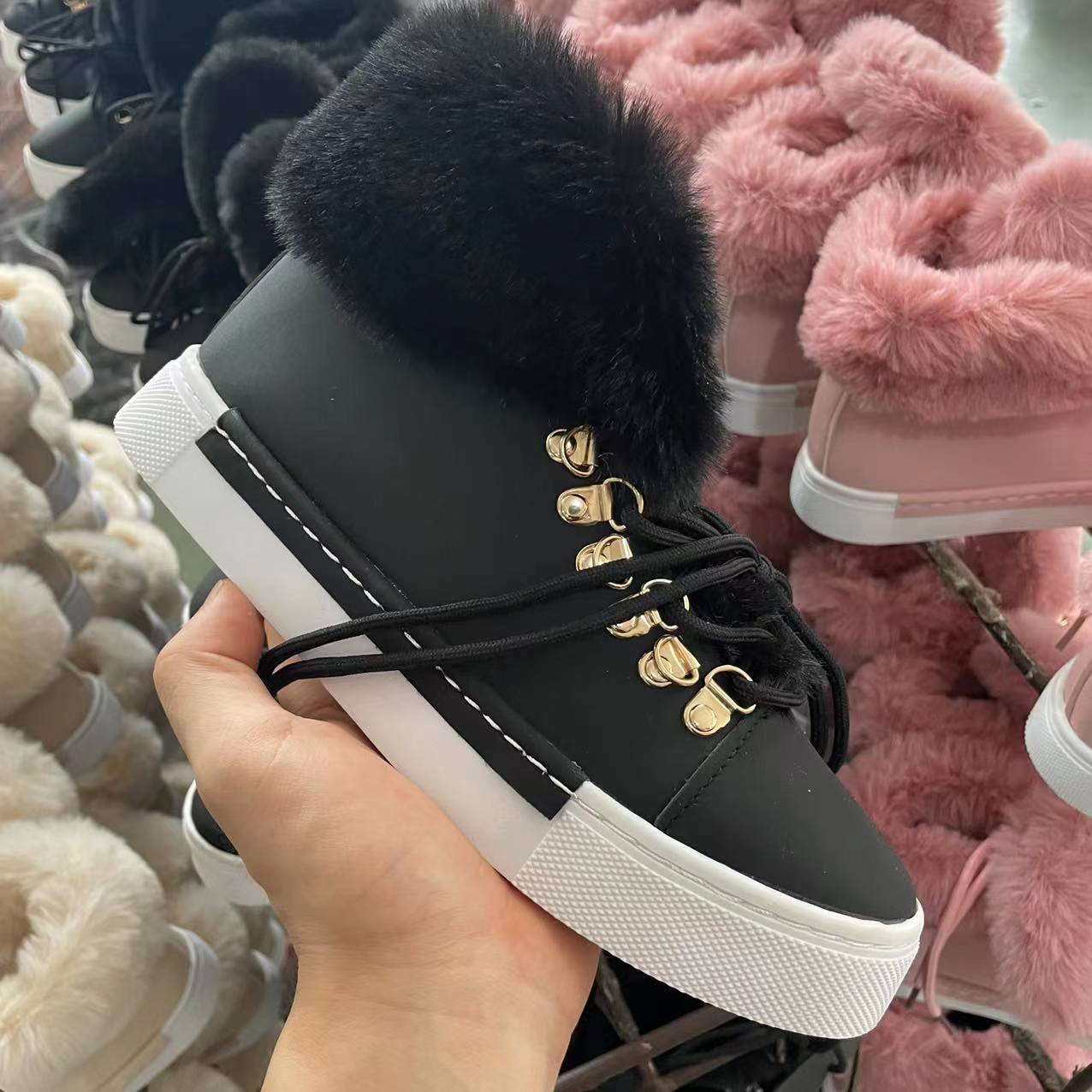 Lace-up Boots Cute Thick Sole Heighten Non Slip Snow Shoes Fall Winter Keep Warm Plush Lined Furry Ankle Boots Outdoor Walking Flat Shoes - Belvar