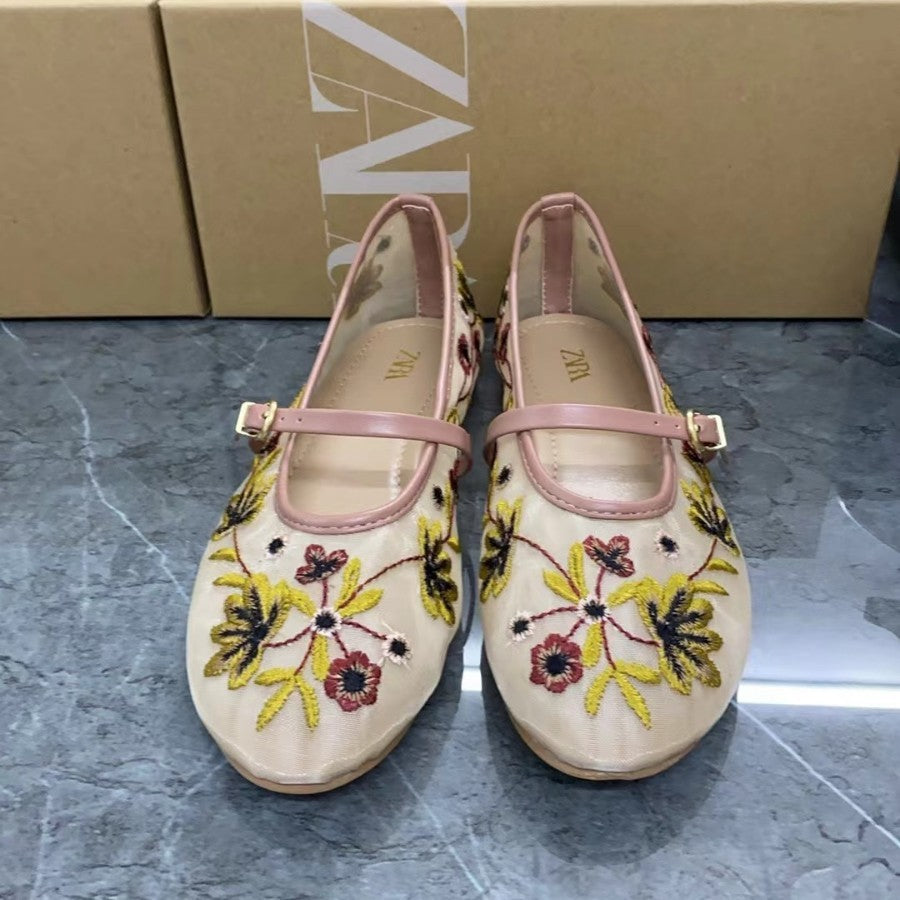 Women's Shoes Green Flower Embroidered Mesh Cloth Ballerina Flats New Guo Feng