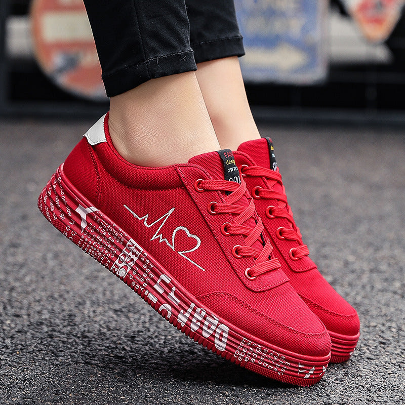 Love Print Canvas Shoes Women Men Flats Lace-up Casual Shoes Lover Sports Shoes Valentines Day - Belvar