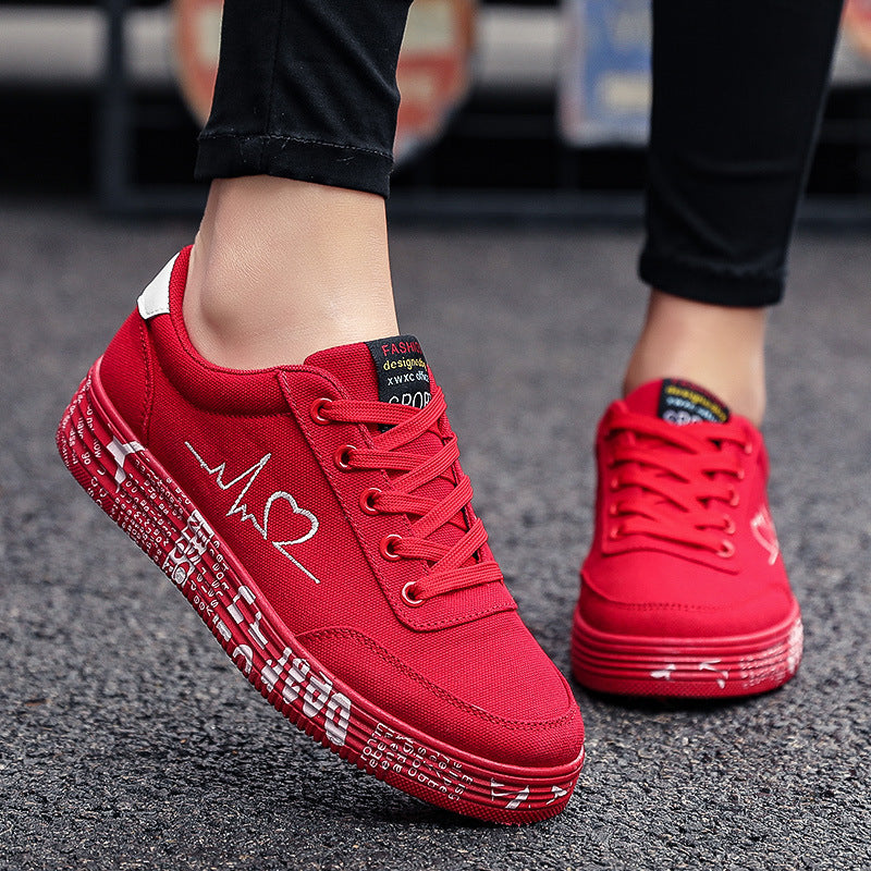 Love Print Canvas Shoes Women Men Flats Lace-up Casual Shoes Lover Sports Shoes Valentines Day - Belvar
