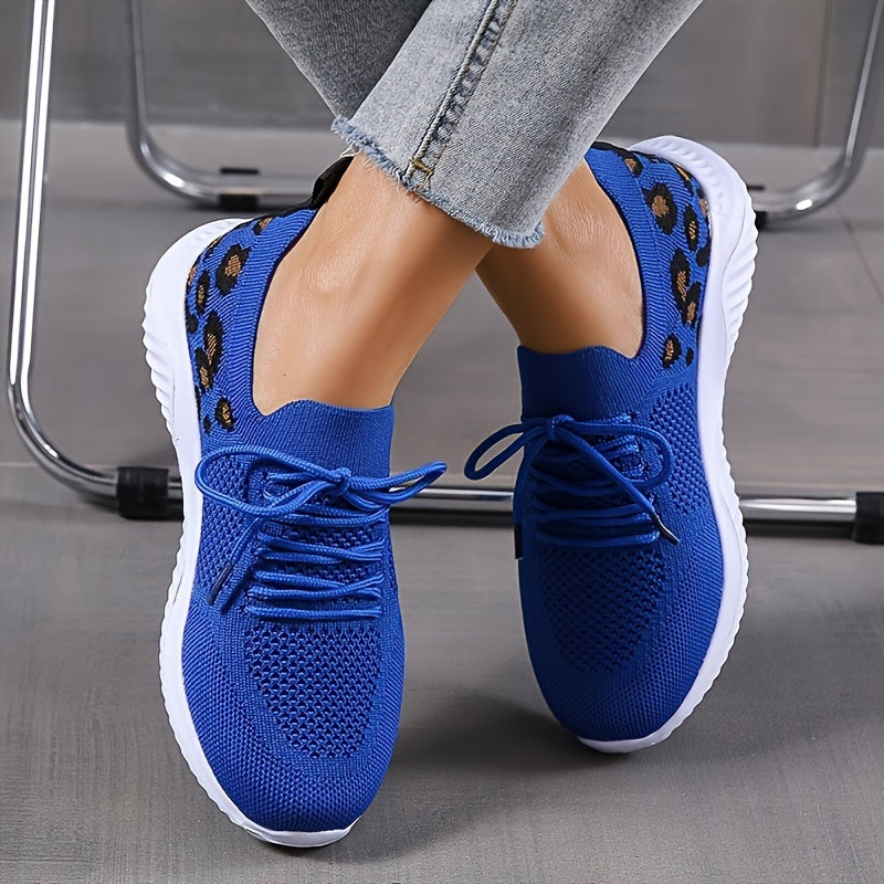 Women's Casual Sneakers, Flying Woven Leopard Pattern Breathable Lace-up Running Shoes, Women's Footwear plus size