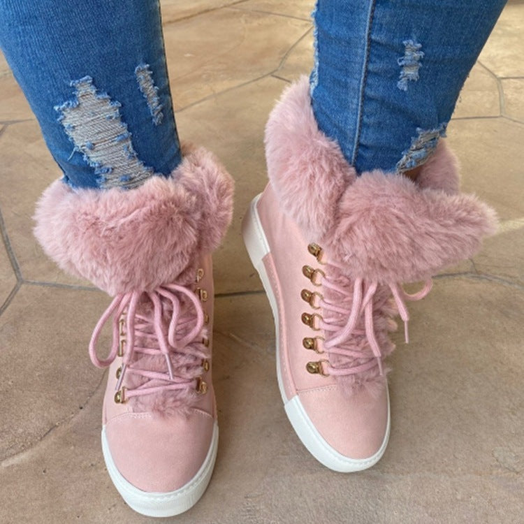 Lace-up Boots Cute Thick Sole Heighten Non Slip Snow Shoes Fall Winter Keep Warm Plush Lined Furry Ankle Boots Outdoor Walking Flat Shoes - Belvar