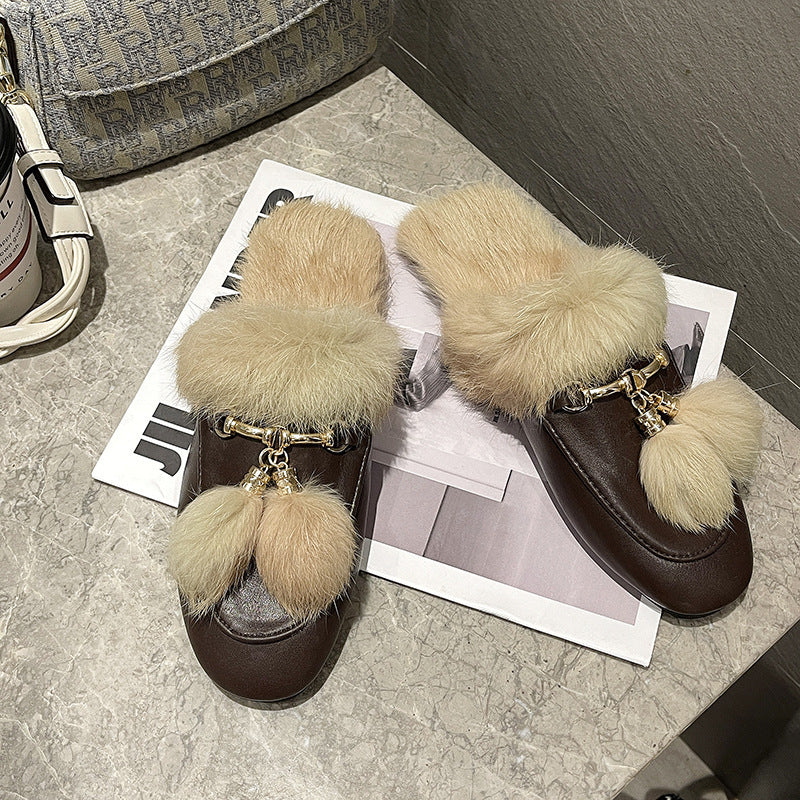 Rabbit Fur Suede Half Slippers Leather Fur Ball Flat Fur Shoes