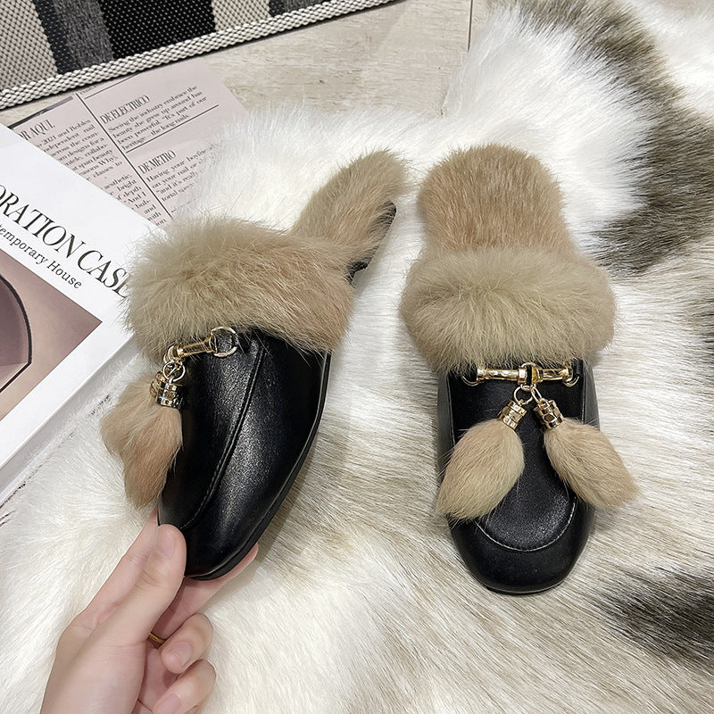 Rabbit Fur Suede Half Slippers Leather Fur Ball Flat Fur Shoes
