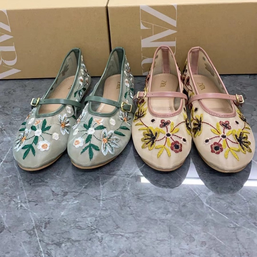 Women's Shoes Green Flower Embroidered Mesh Cloth Ballerina Flats New Guo Feng
