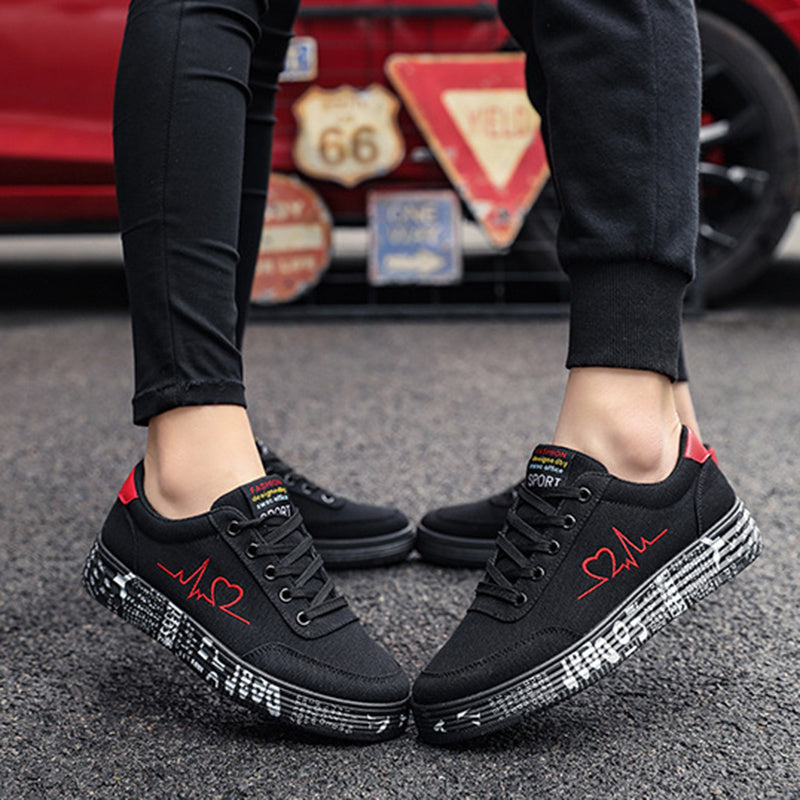 Love Print Canvas Shoes Women Men Flats Lace-up Casual Shoes Lover Sports Shoes Valentines Day - Belvar
