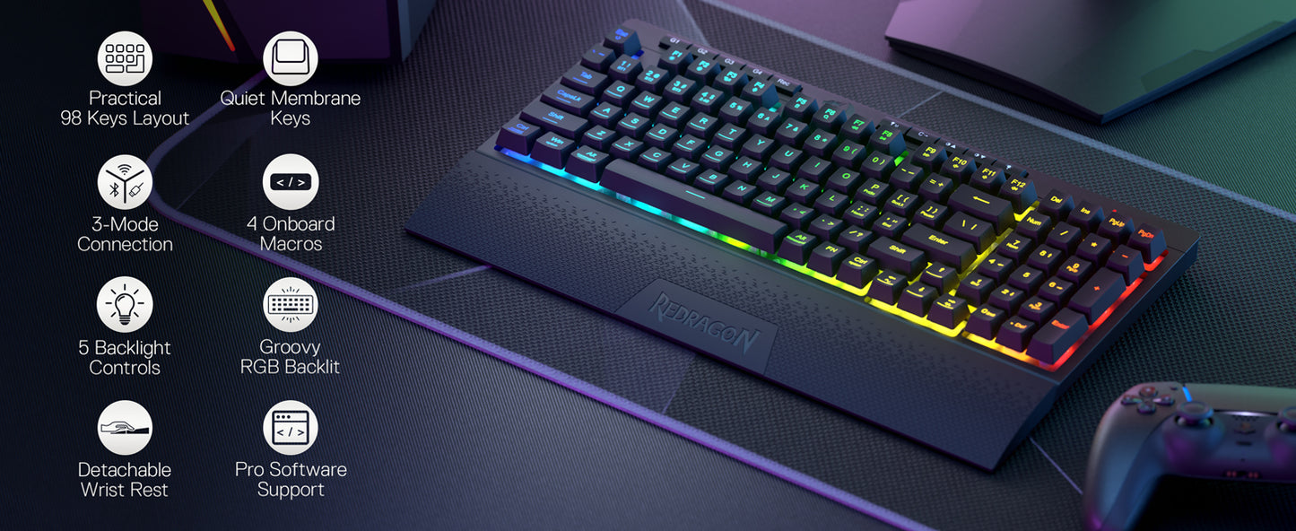 Redragon K515 PRO Shiva RGB Wireless 98 Keys Mechanical Membrane Gaming Keyboard, Smooth Linear Switch, Detachable Wrist Rest