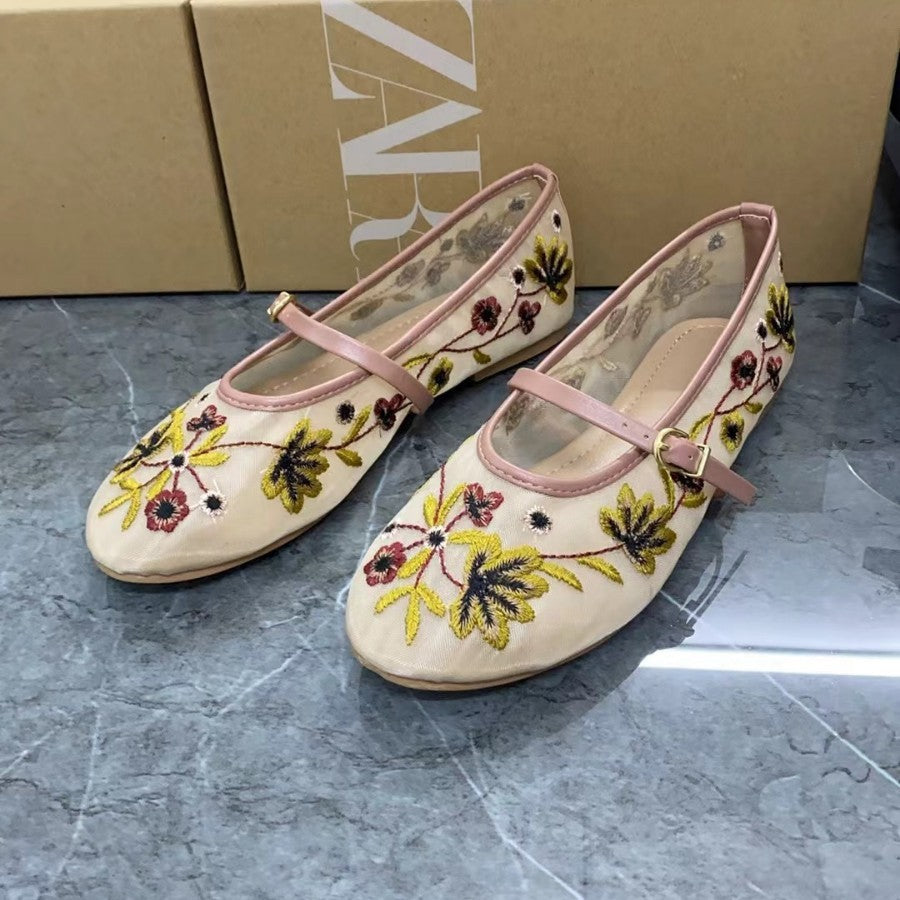 Women's Shoes Green Flower Embroidered Mesh Cloth Ballerina Flats New Guo Feng