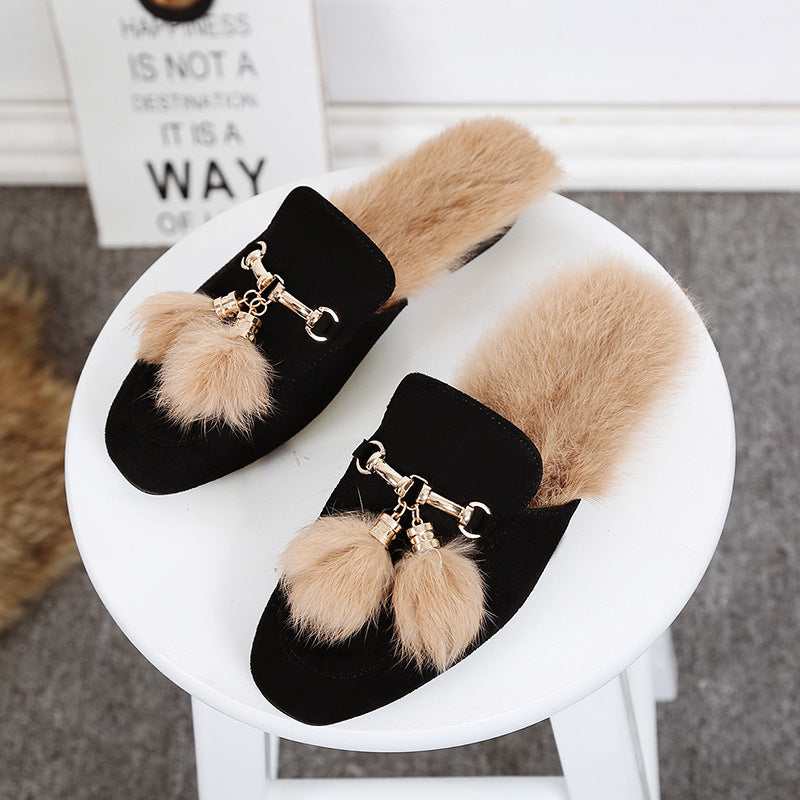 Rabbit Fur Suede Half Slippers Leather Fur Ball Flat Fur Shoes