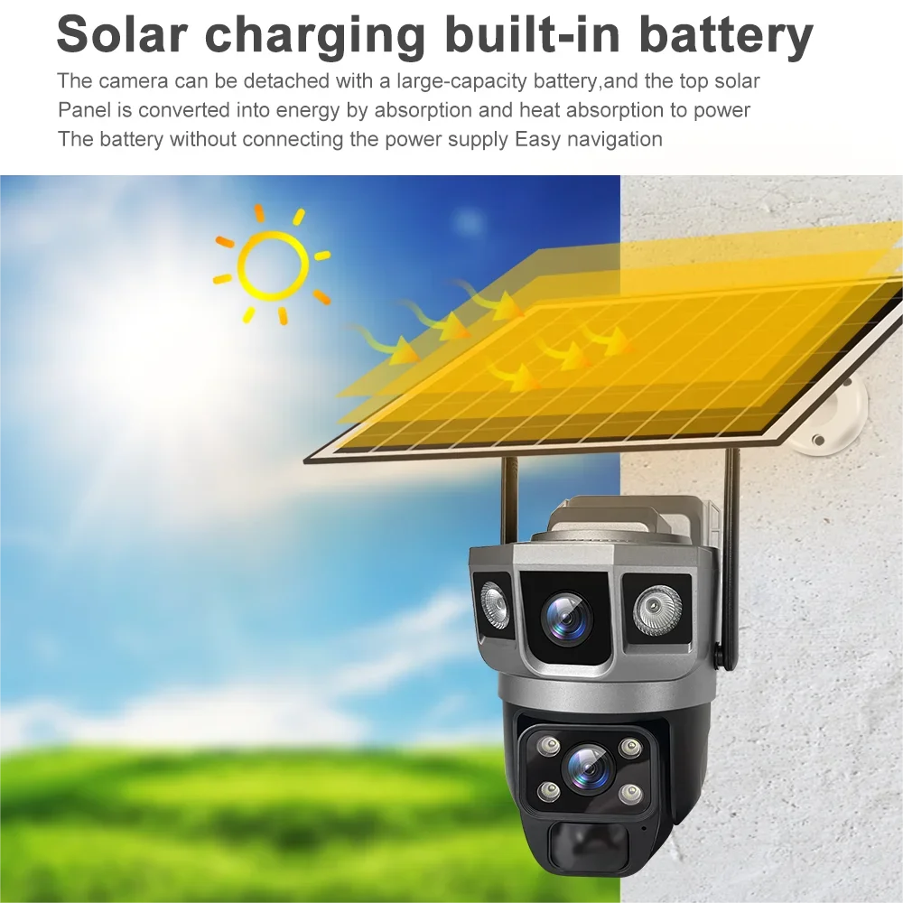 WIFI Wireless Solar Camera CCTV HD 12MP 4K Dual Lens Triple PTZ Auto Tracking Security Home Monitor V380 Pro Outdoor IP Camera