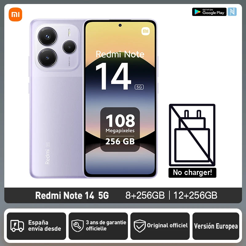 Xiaomi Redmi Note 14 5G European Version 8+256GB Dimensity 7025-Ultra AMOLED Display 6.67" 120Hz 108MP Main Camera OIS 45W Charging, IP64, NFC