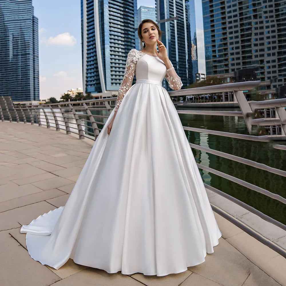 SoDigne Dubai Modest Wedding Dresses Lace Long Sleeve Satin Bride Dress With Belt Women Elegant Wedding Party Gowns Customized