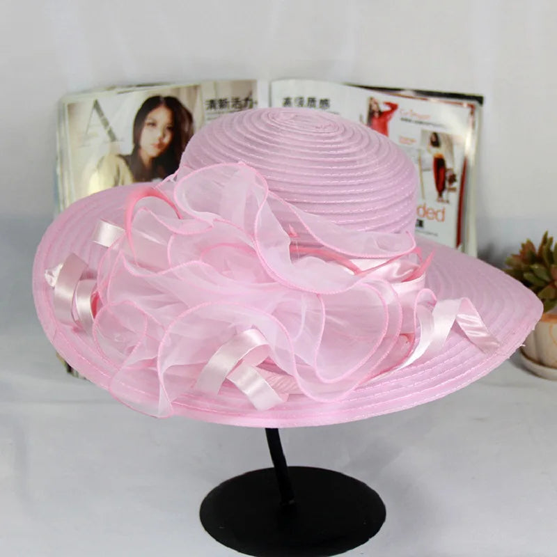 Red Women Charming Hat Wedding Kentucky Derby Hat Ladies Flower Hat Wide Brim Tweed Organza Visor Cap