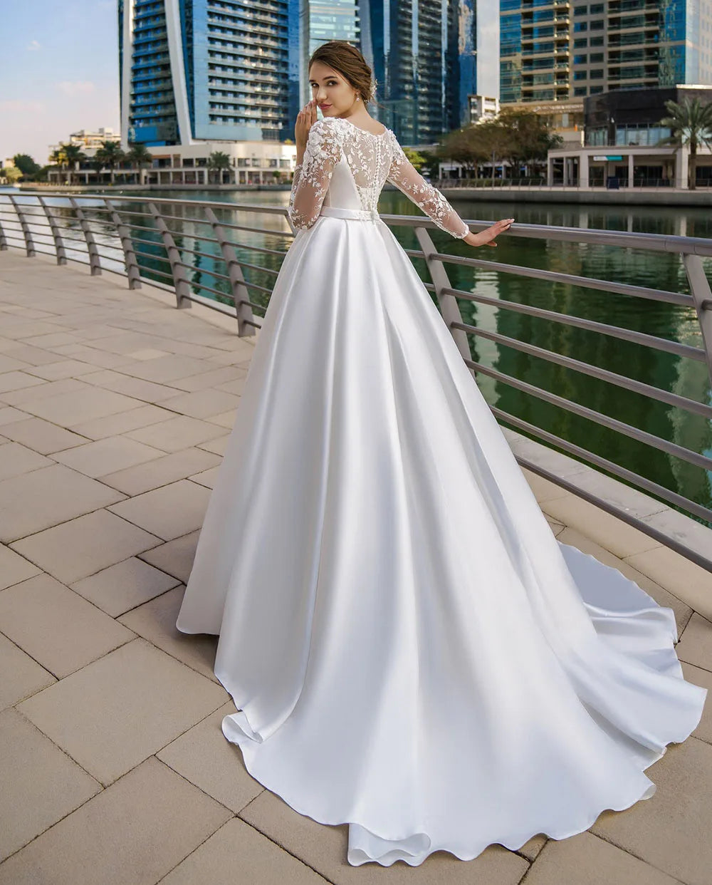 SoDigne Dubai Modest Wedding Dresses Lace Long Sleeve Satin Bride Dress With Belt Women Elegant Wedding Party Gowns Customized