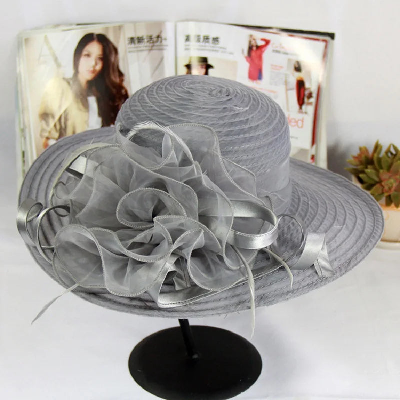 Red Women Charming Hat Wedding Kentucky Derby Hat Ladies Flower Hat Wide Brim Tweed Organza Visor Cap