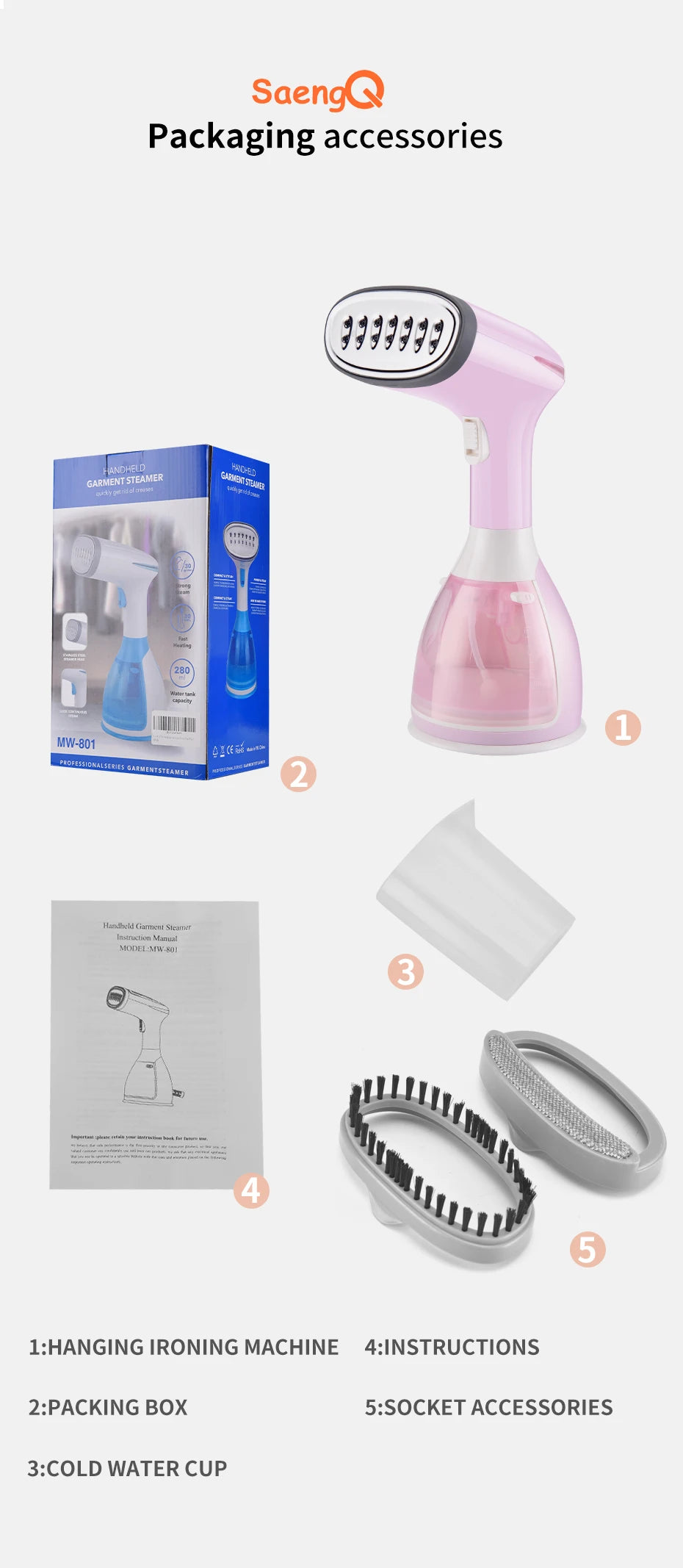 saengQ Handheld Garment Steamer 1500W Electric Household Fabric Steam Iron 280ml Portable Vertical Fast-Heat For Clothes Ironing