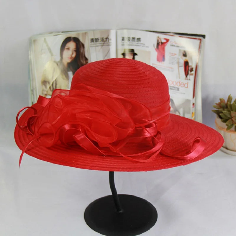 Red Women Charming Hat Wedding Kentucky Derby Hat Ladies Flower Hat Wide Brim Tweed Organza Visor Cap