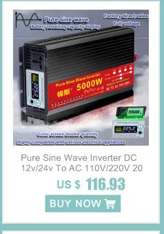 Pure Sine Wave Inverter 1000W 1600W 2000W DC 12V / 24V AC 110V 220V 50Hz 60Hz Power Inverter Home Car Converter Solar Energy