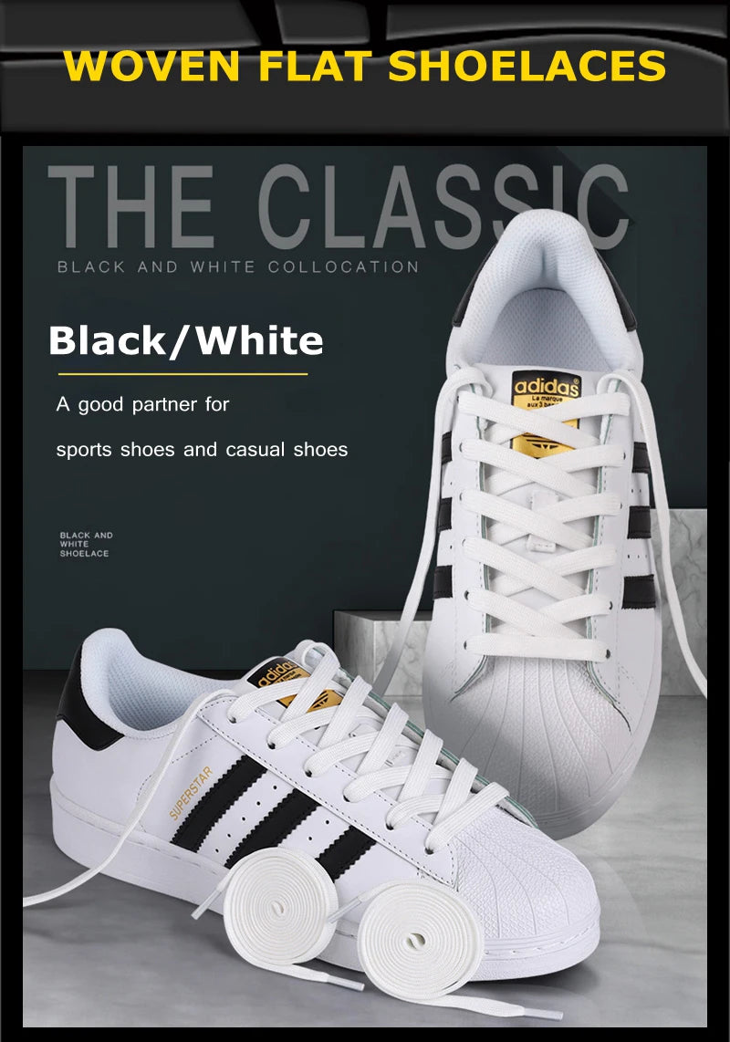 1 Pair Black White Shoe Laces Flat Double Woven Anti-slip Polyester Shoelaces Sports Casual White Shoes Classic Shoelace