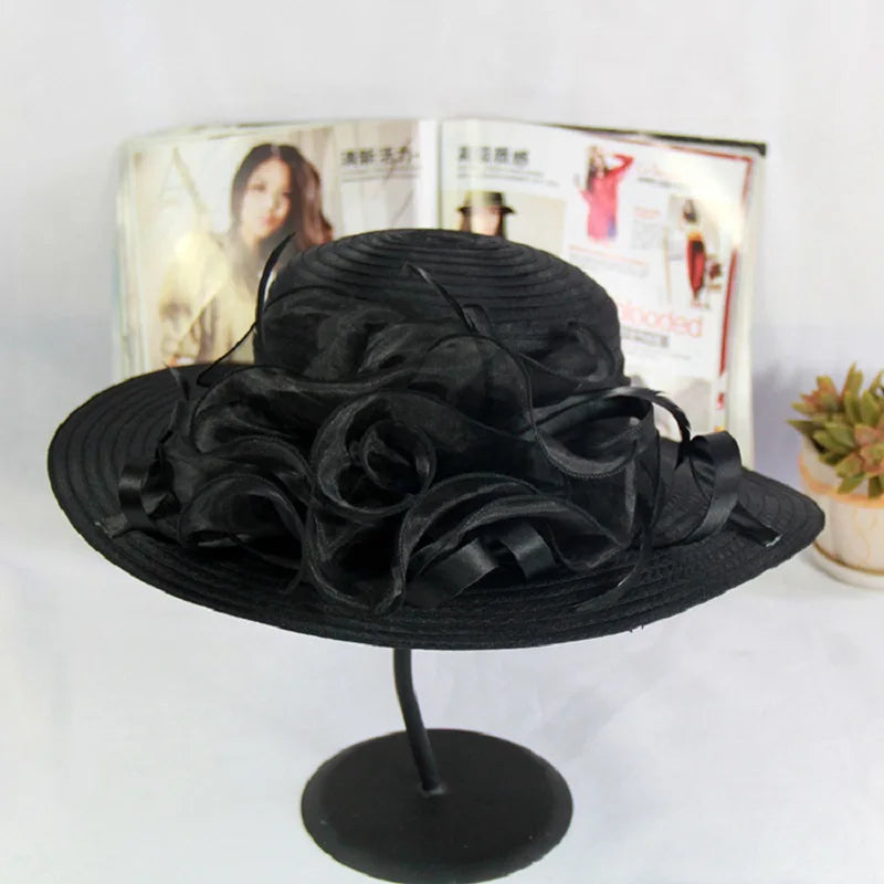 Red Women Charming Hat Wedding Kentucky Derby Hat Ladies Flower Hat Wide Brim Tweed Organza Visor Cap
