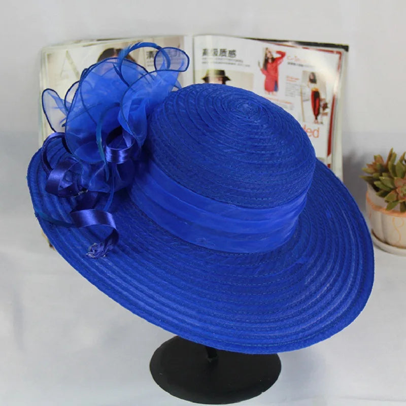 Red Women Charming Hat Wedding Kentucky Derby Hat Ladies Flower Hat Wide Brim Tweed Organza Visor Cap