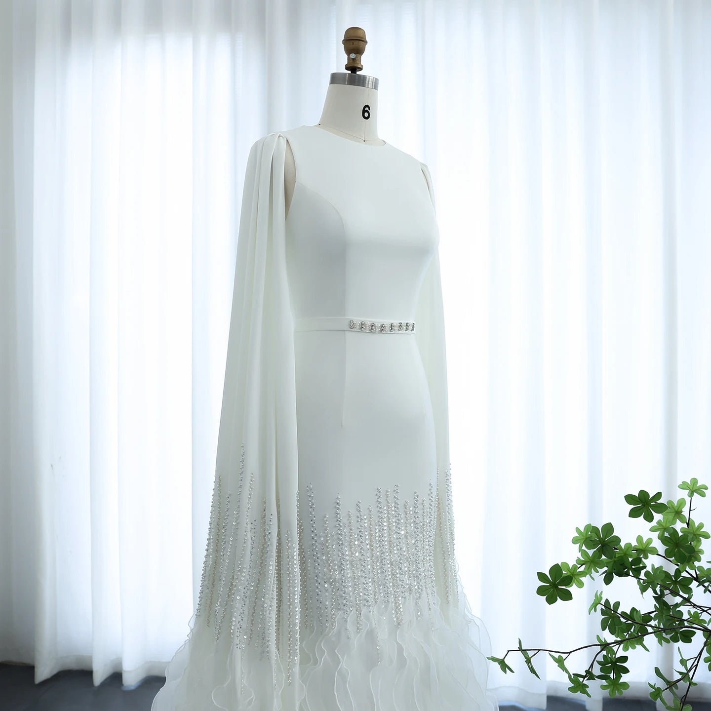 Sharon Said Luxury Dubai Nude Evening Dresses with Cape Sleeves Tiered Ruffles Arabic Women Wedding Party Gowns SS440 Customized