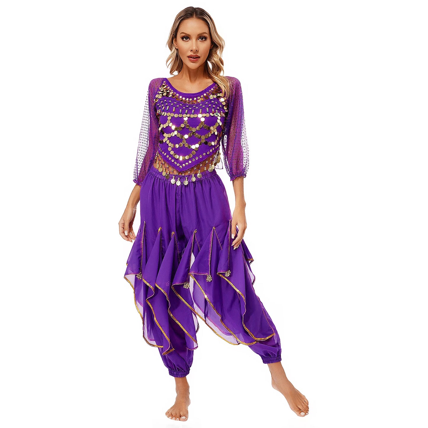 Womens Indian Belly Dance Performance Costume Sequined Long Sleeve Chiffon Tops Self-tie Back Irregular Hem Crop Top with Pants