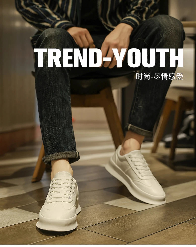 Original Men's Sneakers New Thick-soled Small White Shoes Casual Sports Flat Heel Round Toe Comfortable Trend Fashion Elastic PU - Belvar