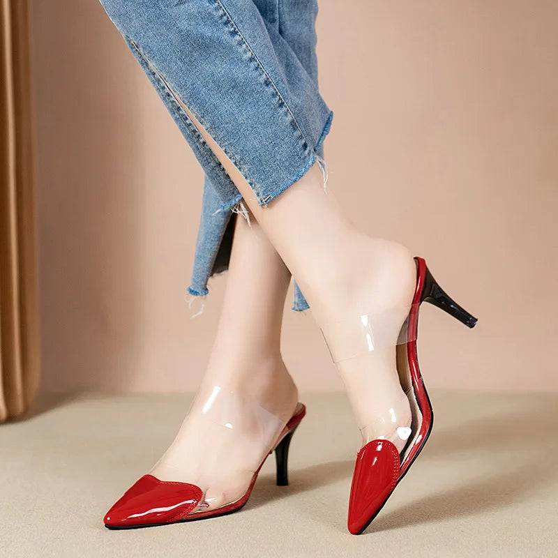 Pointed Toe Slippers,2024 High Heeled Summer Shoes,Transparent PVC Slides,Outside Wearing,Slip On,Black,White,Red,35-40,Dropship - Belvar