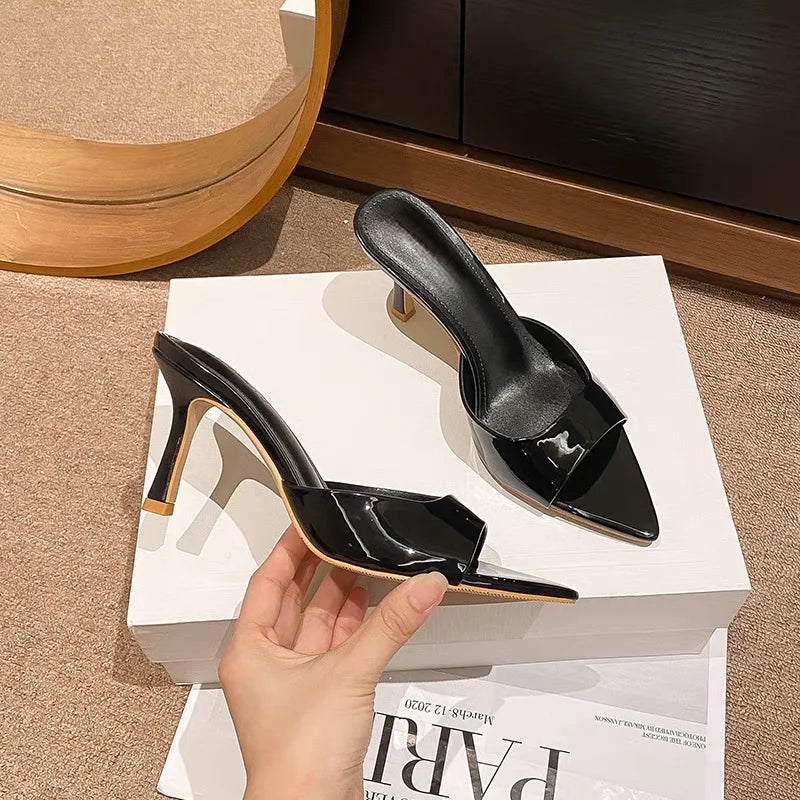 2025 New Slippers Casual Slides Square Toe Low Women Heels Luxury Summer High Thin Soft PU Fashion Concise Fabric Rubber Plastic - Belvar
