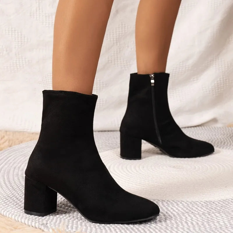 Ladies Shoes on Sale 2023 Zipper Women's Boots Autumn Square Toe Solid Short Barrel Shoes Female Chunky Heel Rider Boots Zapatos - Belvar