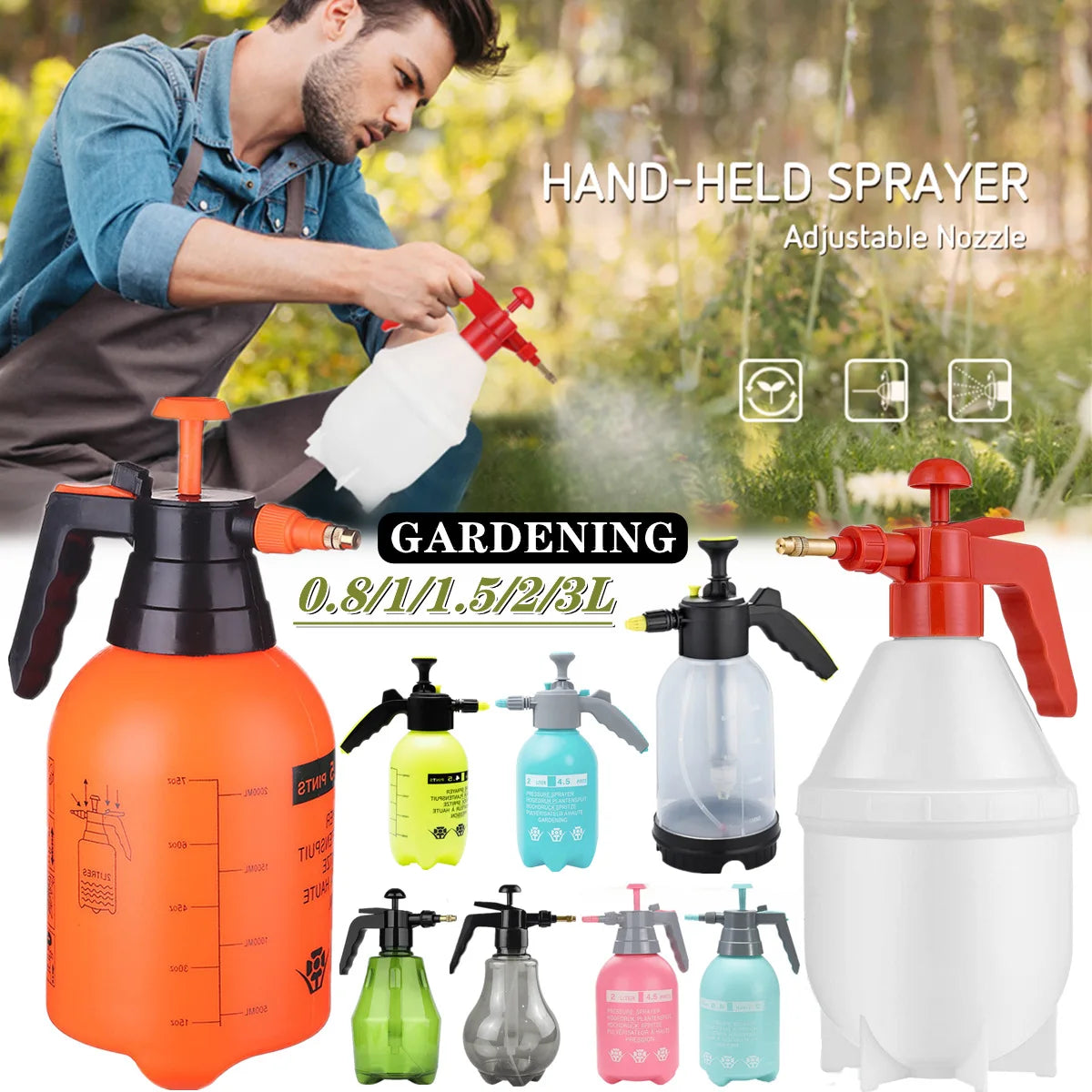 0.8-3L Hand Pressure Sprayer Air Pump Spray Bottle for Gardening Car Cleaning Disinfection Water Sprayer Garden Irrigation Tools