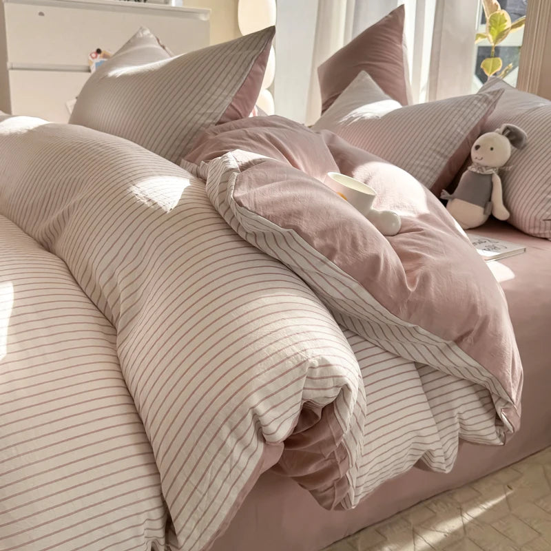 Washed Cotton Duvet Cover Set Quilt Set Ins Nordic Minimalist Style Grey Strip Bed Set Home Textile Bedding Set Bed Sheets 2025