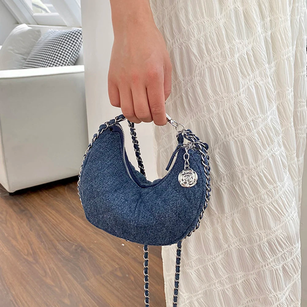 2023 New Denim Fabrics Chain Crossbody Bags Fashion Diffusion Stitching Small Crescent Bags Women's Luxury Underarm Tote Handbag