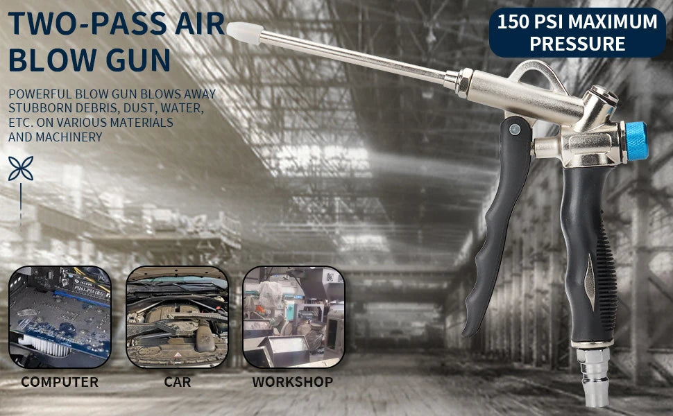 2-Way High Pressure Air Blow Gun Aluminum Air Dust Gun Angled Bent Nozzle Pistol Grip Pneumatic 150PSI