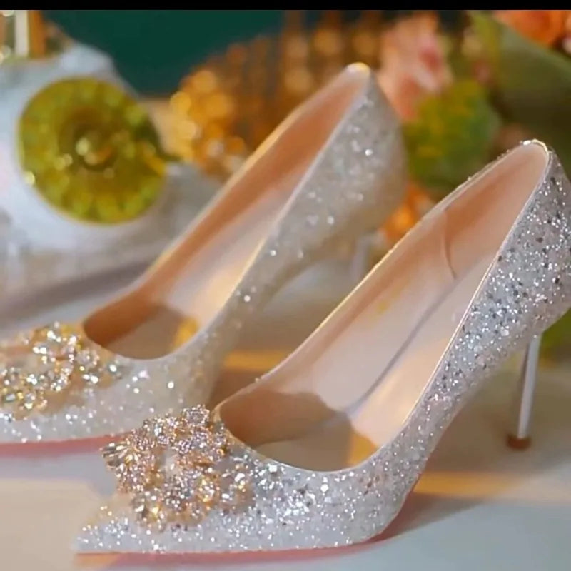 Womens High Heel Shoes Fad Elegant Crystal Pointed Toe Pumps Retro Shallow Mouth Banquet Party Wedding Women Shoes Zapatos Mujer - Belvar