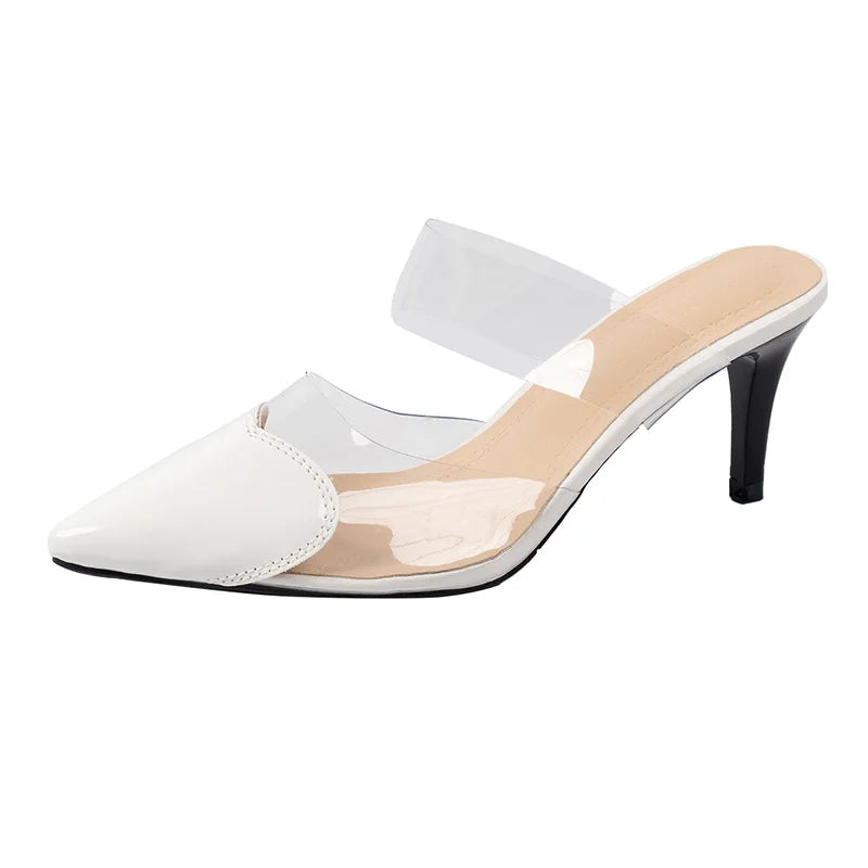 Pointed Toe Slippers,2024 High Heeled Summer Shoes,Transparent PVC Slides,Outside Wearing,Slip On,Black,White,Red,35-40,Dropship - Belvar