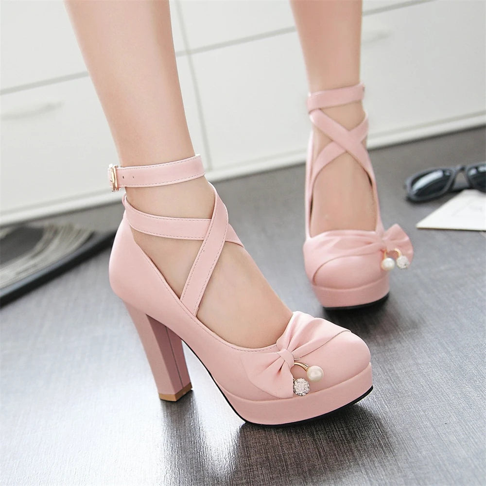 High Heels Women 2025 Trend Chunky Heels Platform Lolita Mary Jane Elegant Party Korean Shoes Dress White The Glossy Fashion - Belvar