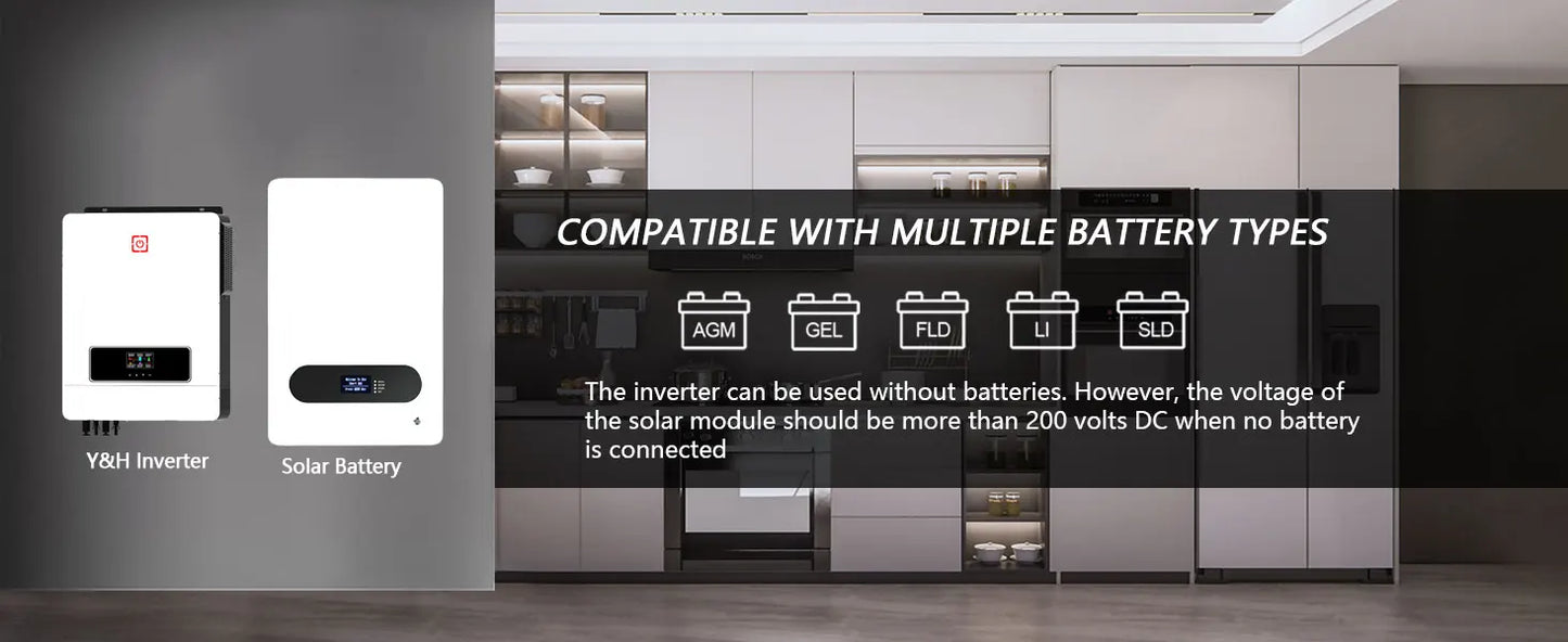 Y&H 10KW Hybrid Solar Inverter 48V 230V 10.2KW On/Off Grid Pure Sine Wave Inverter 2xMPPT 160A Solar Battery Charger BMS WiFi