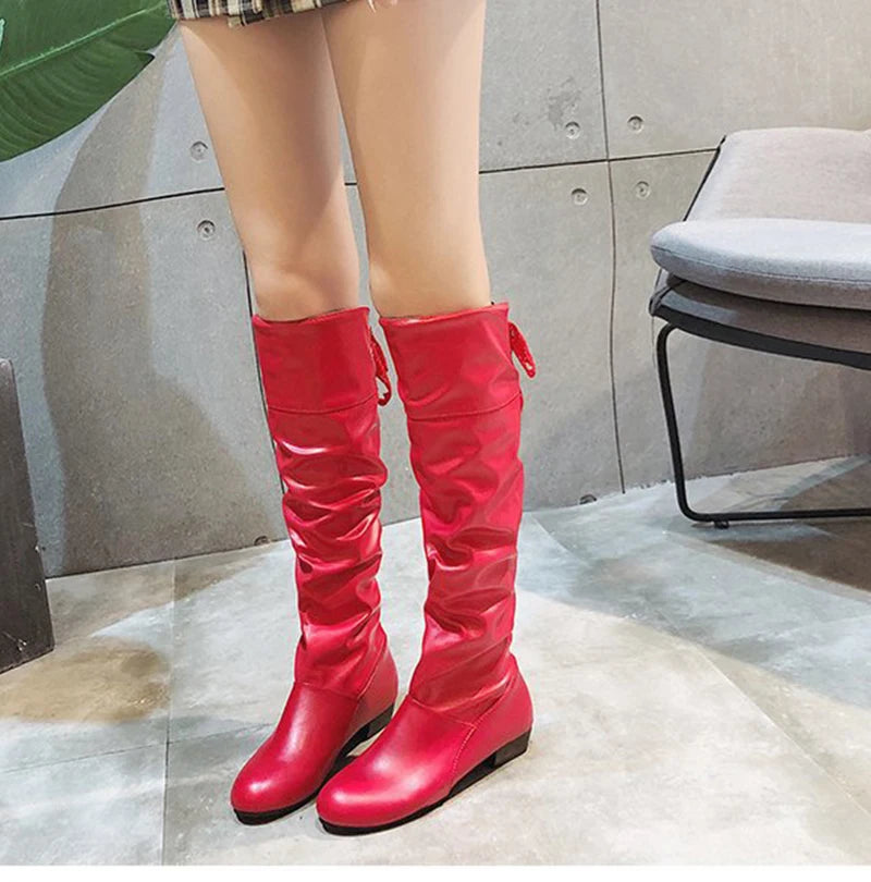 2023Shoes For Women Knee High Boots Red Black White Tall Boots Woman Pleated Low Heel Casual Leather Female Long Shoes - Belvar