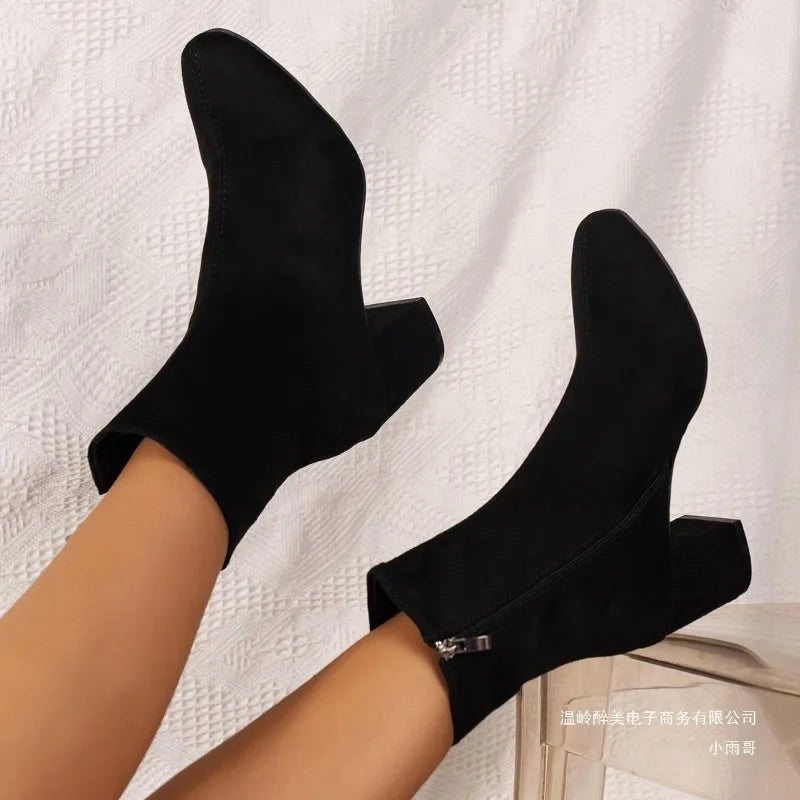 Ladies Shoes on Sale 2023 Zipper Women's Boots Autumn Square Toe Solid Short Barrel Shoes Female Chunky Heel Rider Boots Zapatos - Belvar
