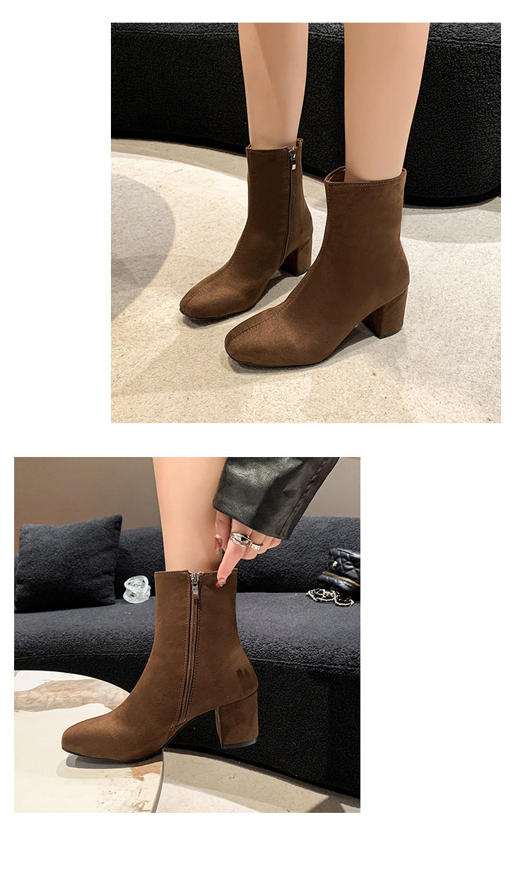 Ladies Shoes on Sale 2023 Zipper Women's Boots Autumn Square Toe Solid Short Barrel Shoes Female Chunky Heel Rider Boots Zapatos - Belvar
