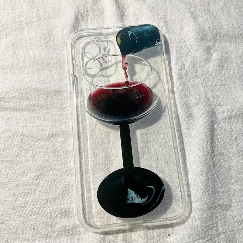 Simple Elegant Red Wine Glass Korean Ins Phone Case For iPhone 16 15 14 13 12 11 Pro Max 7 8 Plus Y2K Mini Y2K Creative Cover